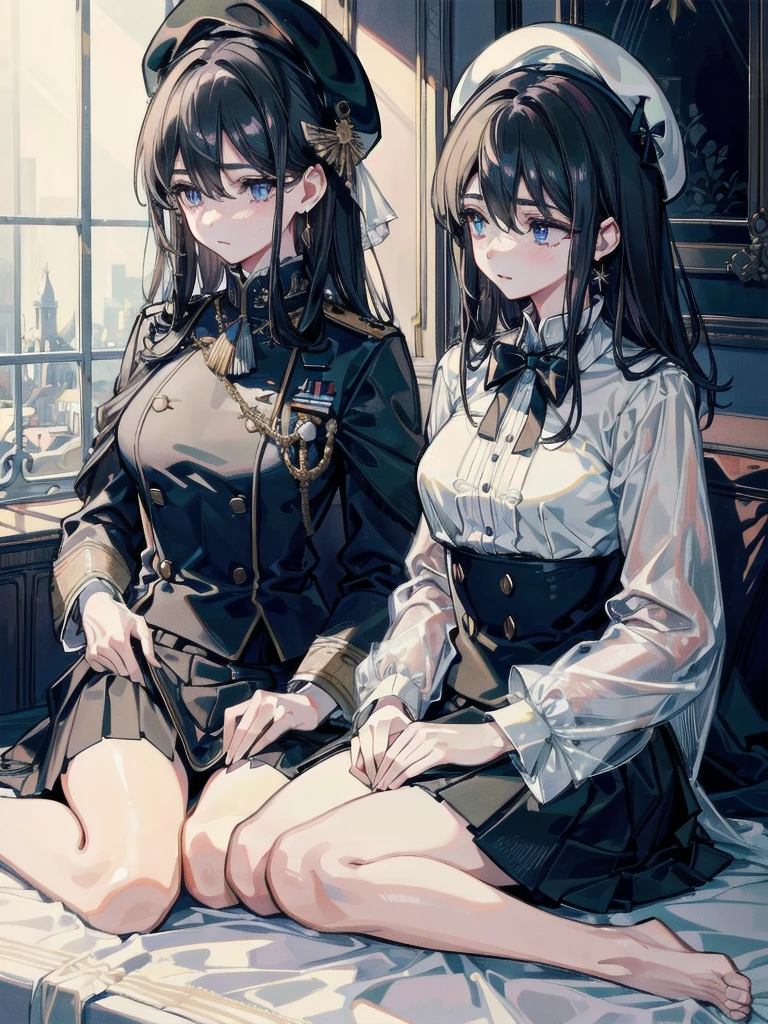 absurdres, RAW photo, extremely delicate and beautiful, masterpiece, Best Quality, ultra high resolution, 32k, hyperrealistic, ultra-detailed, delicate facial features, beautiful detailed woman, tearful mole, earring, medium breasts, full body shot, medium hair, black hair, 2 girls, yuri, beret, skirt, military uniform,