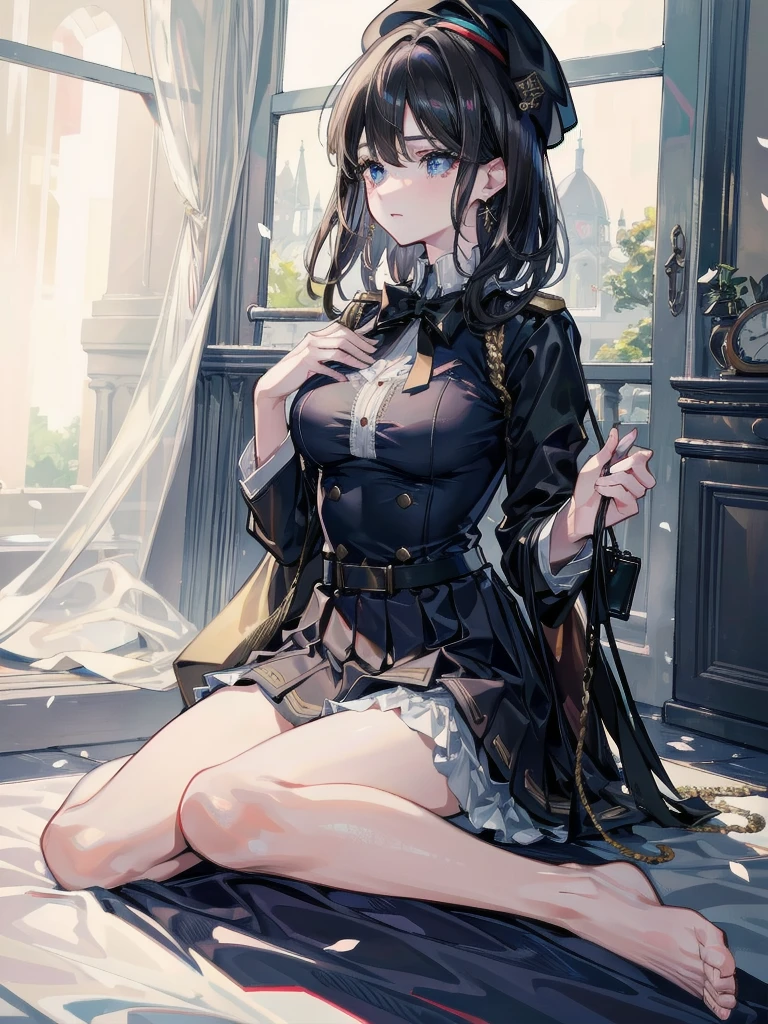 (absurdres, RAW photo, extremely delicate and beautiful, masterpiece, Best Quality, ultra high resolution, 32k, hyperrealistic, ultra-detailed, perfect anatomy, anatomically correct:1.2), perfect figure, Perfect Style, Perfect balance, super Detailed skin, in her 30s, very Slim body, narrow waist, very small head, very small face, delicate facial features, handsome detailed woman, very detailed eyes and face, realistic face proportions, Realistic beautiful face, Realistic beautiful eyes, tearful mole, earring, very huge round tits, full body shot, whole legs, medium hair, dark blonde hair, asymmetrical hair, indoor, collared navy button shirt dress, sleeveless,