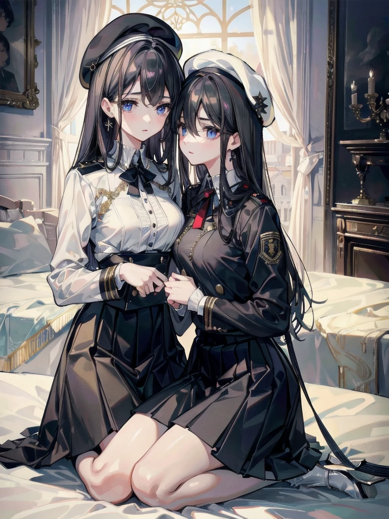 absurdres, RAW photo, extremely delicate and beautiful, masterpiece, Best Quality, ultra high resolution, 32k, hyperrealistic, ultra-detailed, delicate facial features, beautiful detailed woman, tearful mole, earring, medium breasts, full body shot, medium hair, black hair, 2 girls, yuri, beret, skirt, military uniform,