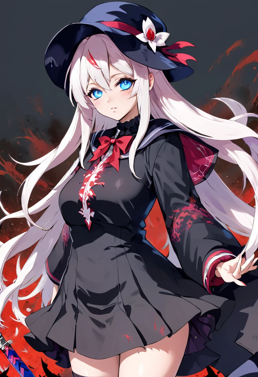 Anime girl with blue eyes and a black hat with red and white design, gapmoe Yandere grimdark, Anime Moe Art Style, 2D Anime Style, gapmoe Yandere, Shalltear Bloodfallen, Hero 2D Fan Art Art Station, Tear from Overlord, Dark Sky、 Holy Cyborg Necromancer Girl, Yandere