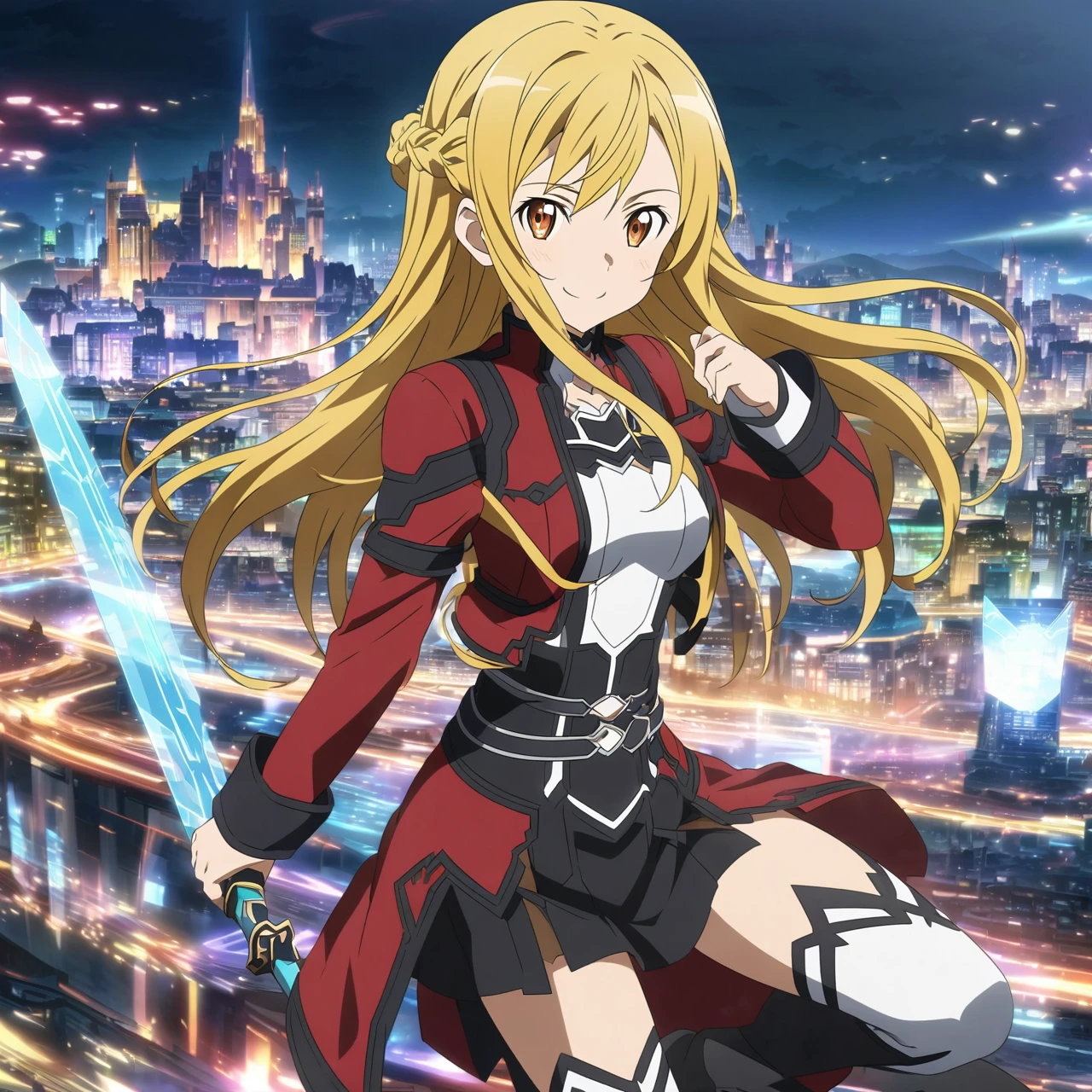 Red outfit, white and Black Outfit, Black And Red Skirt, Black long Boots, Yellow Hair, Long Hair, Orange eyes, Smile, braid hair style,hologram wing, effect, Anime Style, Sword Art online Style,City Background Future, HD
