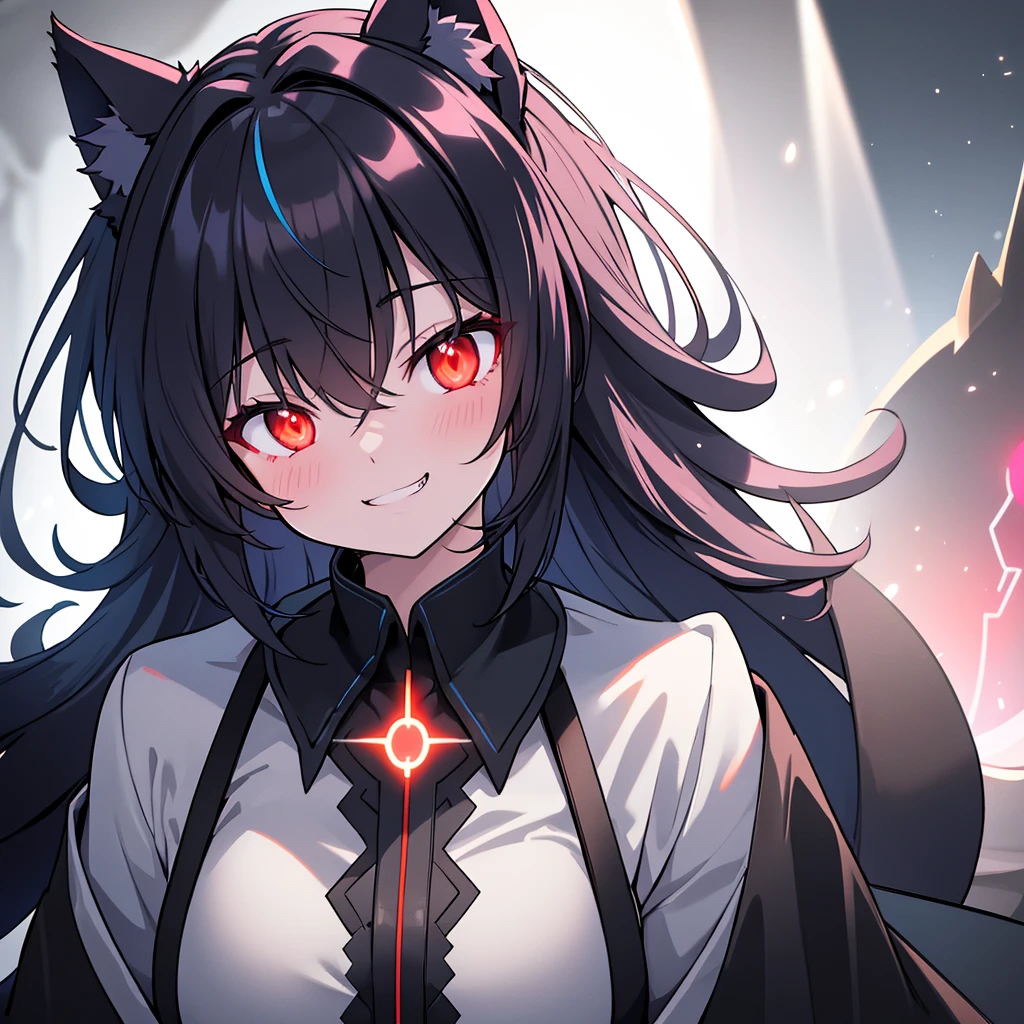 ultra detailed, sharp focus, best quality, masterpiece, colorful, 1girl, shadow, red glowing eyes, grin, cat face, :3, close-up, volumetric lighting, high contrast, dimly lit