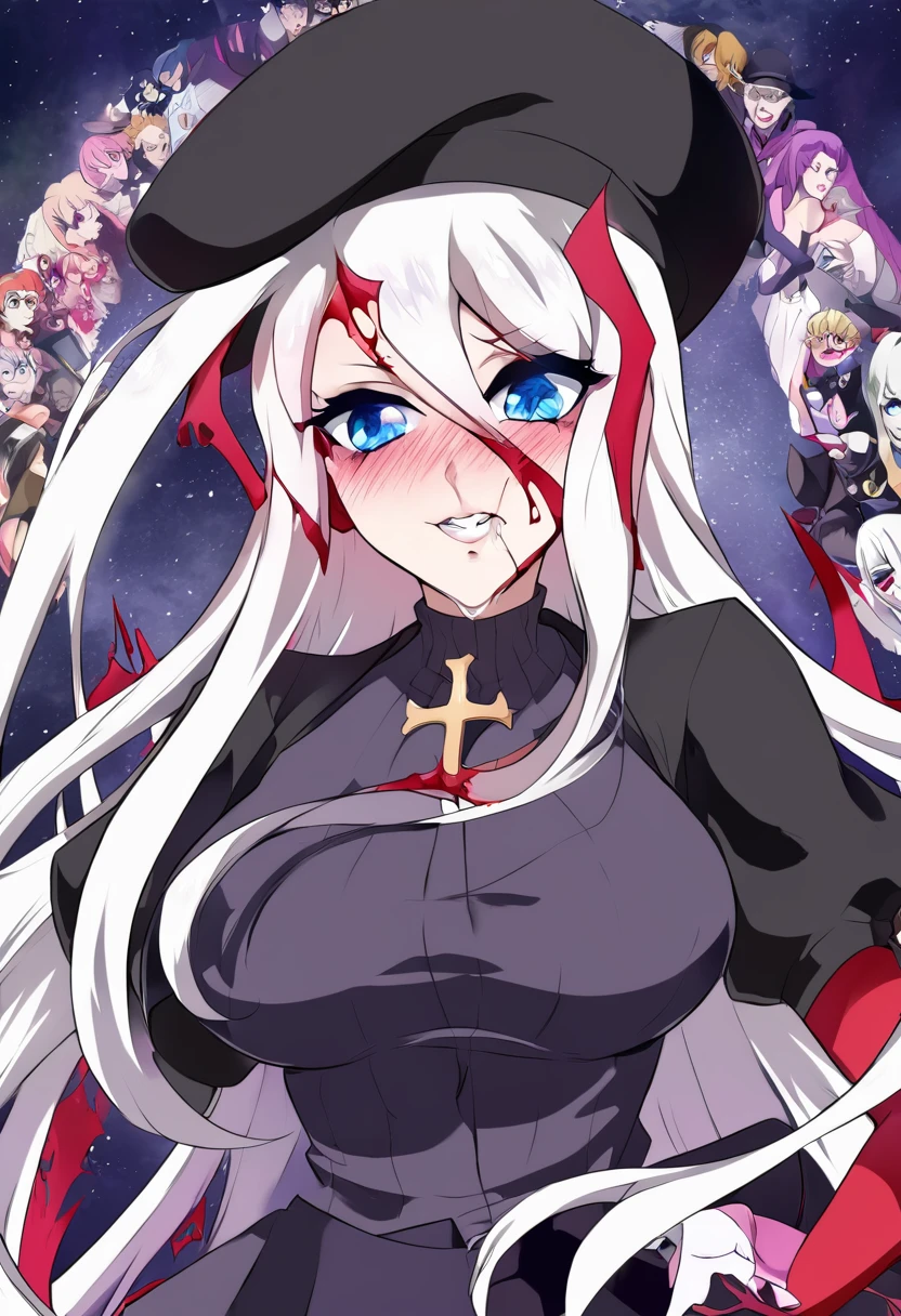 Anime girl with blue eyes and a black hat with red and white design, gapmoe Yandere grimdark, Anime Moe Art Style, 2D Anime Style, gapmoe Yandere, Shalltear Bloodfallen, Hero 2D Fan Art Art Station, Tear from Overlord, Dark Sky、 Holy Cyborg Necromancer Girl, Yandere