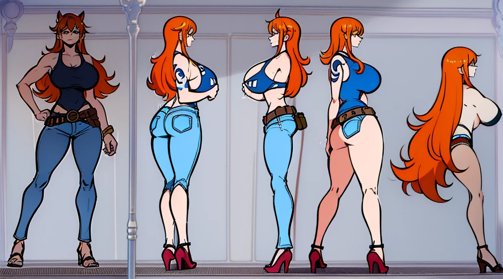 ((Best Quality)), ((Masterpiece)), (((detailed character sheet, frontal view, side view, three quarter view))) white background、one piece、US、whole body、whole bodyイラスト、whole bodyアニメーション、whole bodyリファレンスシート、denim、Tank top、High heels、Swimwear、bikini、original、New World、Long Hair、Orange Hair、Tattoo on left arm、Ring belt、Heighten your head、smile、Cute face、Big Breasts、Narrow waist、Long legs、Beautiful feet