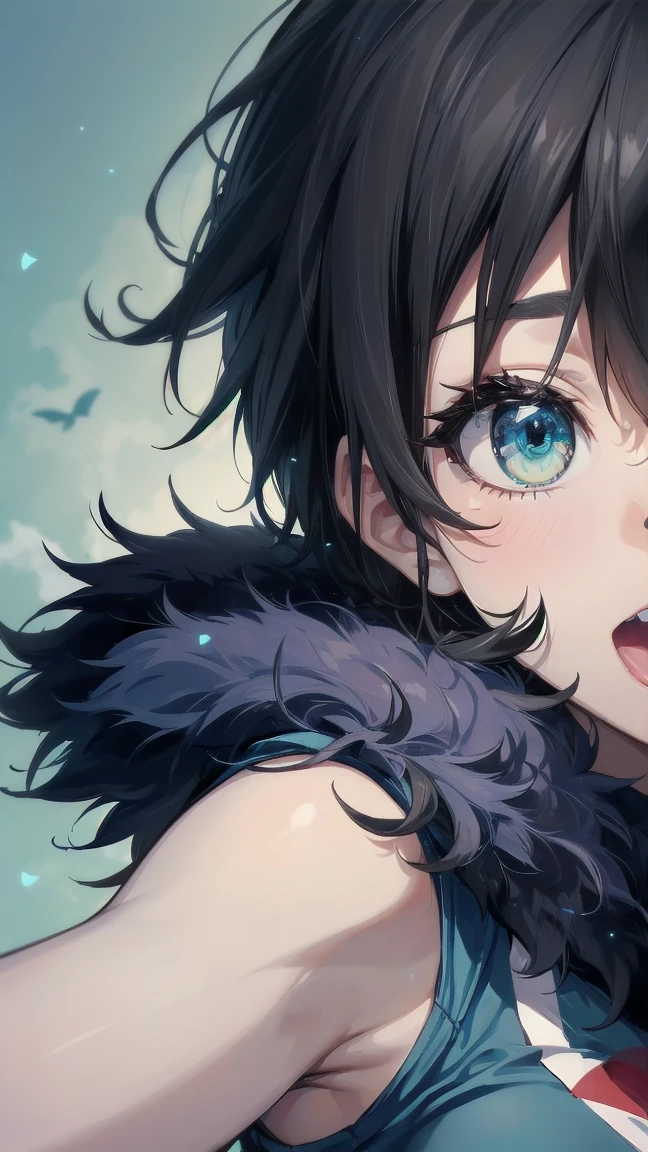 Close-up of a cartoon girl with blue hair and a yellow shirt, 2D Animation, 2D Animation style, 2D Art, 2D Art, 2D from Gorillaz, 2D from Gorillaz, 2D Gorillaz, Screaming Cerket, 2D Sprites, Jinx Face, short hair, Small breasts, hot pants, ((Black Hair, Bright blue fur inside:1.4))
