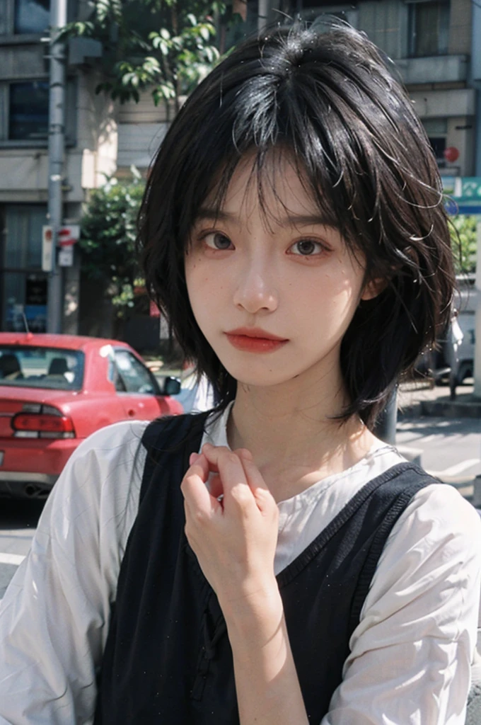 (Skin details:1.4), (smooth skin textures:1.3),  (Realistic and detailed eyes：1.2）, short hair，Vest，35 mm film, outdoor, (Photo Practical:1.4),  (Practical:1.3),  Exquisite eyes, Delicate face, Close-up of face, Mole under the eye, Portrait Photography, Depth of Field, Bokeh, Surrealism, Ray Tracing,  Ultra HD, masterpiece,  High Detail, best quality