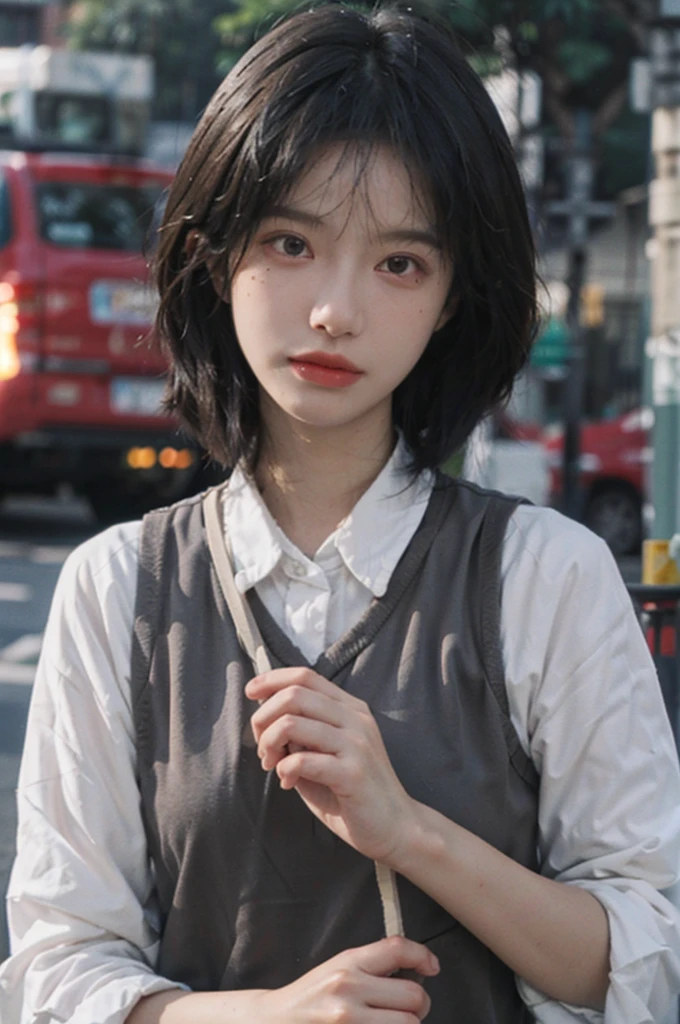 (Skin details:1.4), (smooth skin textures:1.3), (Realistic and detailed eyes:1.2), short hair,Vest,35 mm film, outdoor, (Photo Practical:1.4), (Practical:1.3), Exquisite eyes, Delicate face, Close-up of face, Mole under the eye, Portrait Photography, Depth of Field, Bokeh, Surrealism, Ray Tracing, Ultra HD, masterpiece, High Detail, best quality