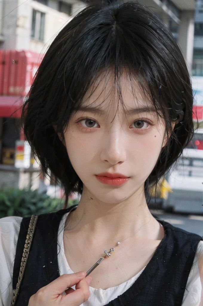 (Skin details:1.4), (smooth skin textures:1.3), (Realistic and detailed eyes:1.2), short hair,Vest,35 mm film, outdoor, (Photo Practical:1.4), (Practical:1.3), Exquisite eyes, Delicate face, Close-up of face, Mole under the eye, Portrait Photography, Depth of Field, Bokeh, Surrealism, Ray Tracing, Ultra HD, masterpiece, High Detail, best quality