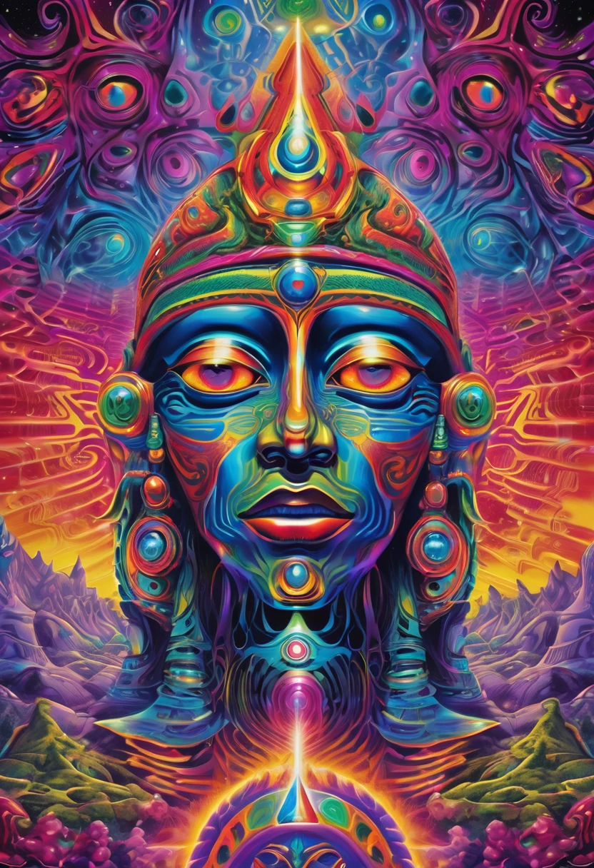 photo of the front of the metallic face melting and dripping dark images psychedelic images of geometric beings, intergalactic, magic, technology, Aztec Mayans, optical illusion geometry, mystical beings. cover for psytrance album lsd,dmt,machine elfos