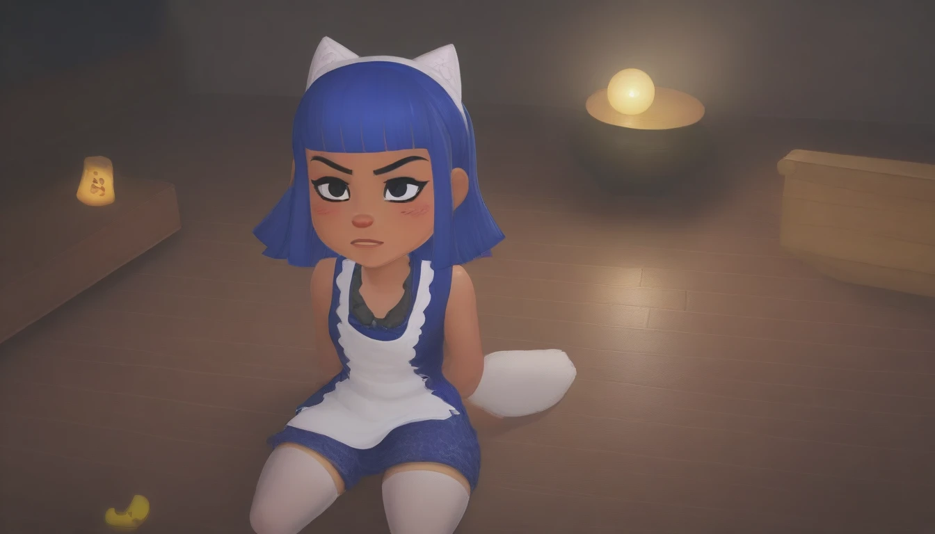 Eye, Animal Crossing Muscle, hairy, Blue Hair, Hair accessories, Yellow skin, 黑Eye, White Dress, Tail, Looking at the audience, Serious, Cross your legs, from_below, His sofa, Inside the living room, Hieroglyphics, high quality, masterpiece, 1 Girl，Cat ears，Dark skin tone，clothing，earrings，Jackal ears，Jewelry，Long hair, White Dress, Sit at your desk, She wrote a heartfelt letter, Her expression is both nostalgic and wistful, Dramatic Lighting, Detailed background, masterpiece, best quality, high quality, absurd, The award-winning, professional, Very detailed