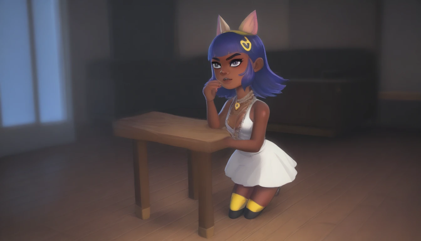 Eye, Animal Crossing Muscle, hairy, Blue Hair, Hair accessories, Yellow skin, 黑Eye, White Dress, Tail, Looking at the audience, Serious, Cross your legs, from_below, His sofa, Inside the living room, Hieroglyphics, high quality, masterpiece, 1 Girl，Cat ears，Dark skin tone，clothing，earrings，Jackal ears，Jewelry，Long hair, White Dress, Sit at your desk, She wrote a heartfelt letter, Her expression is both nostalgic and wistful, Dramatic Lighting, Detailed background, masterpiece, best quality, high quality, absurd, The award-winning, professional, Very detailed