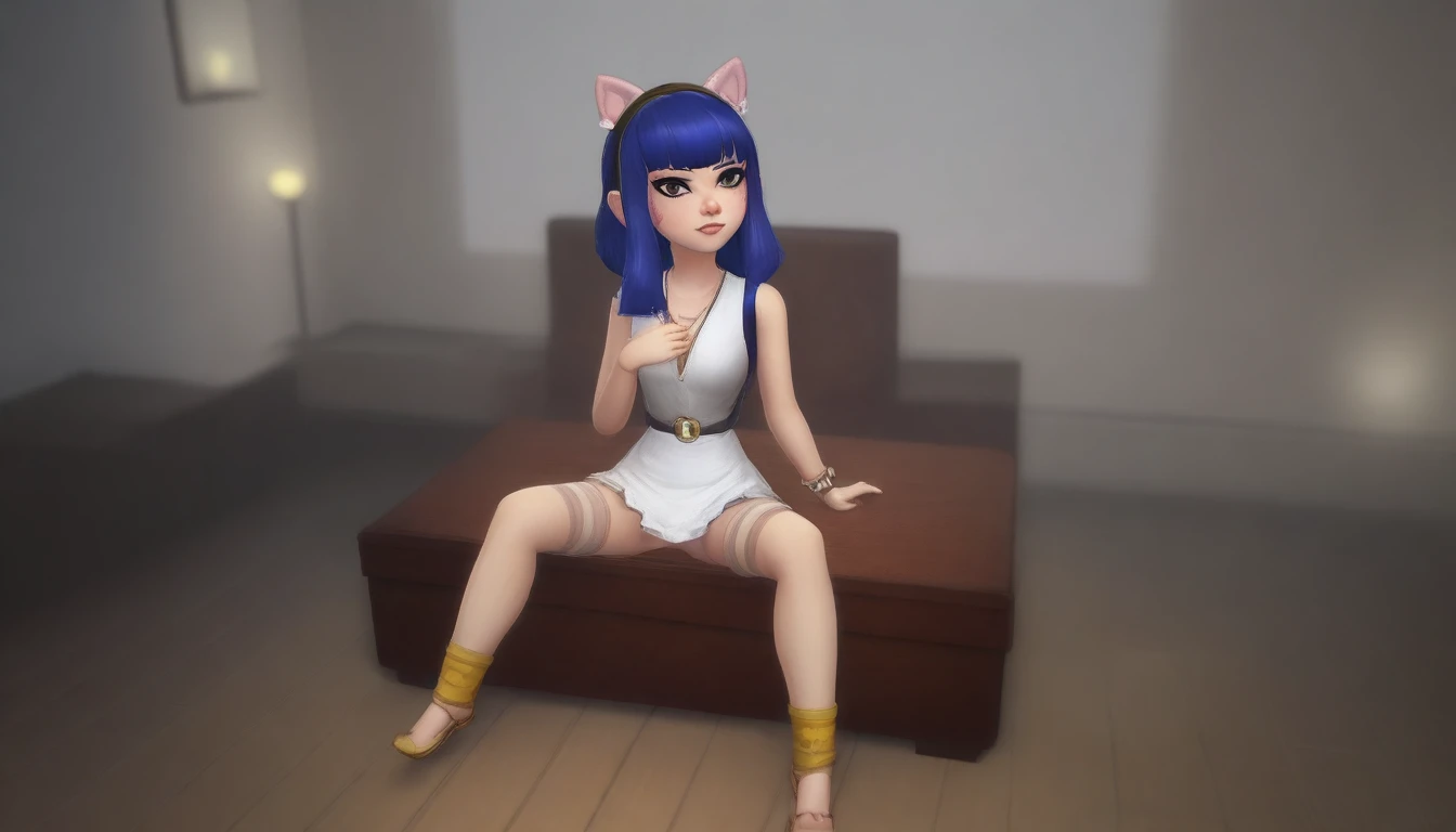 Eye, Animal Crossing Muscle, hairy, Blue Hair, Hair accessories, Yellow skin, 黑Eye, White Dress, Tail, Looking at the audience, Serious, Cross your legs, from_below, His sofa, Inside the living room, Hieroglyphics, high quality, masterpiece, 1 Girl，Cat ears，Dark skin tone，clothing，earrings，Jackal ears，Jewelry，Long hair, White Dress, Sit at your desk, She wrote a heartfelt letter, Her expression is both nostalgic and wistful, Dramatic Lighting, Detailed background, masterpiece, best quality, high quality, absurd, The award-winning, professional, Very detailed