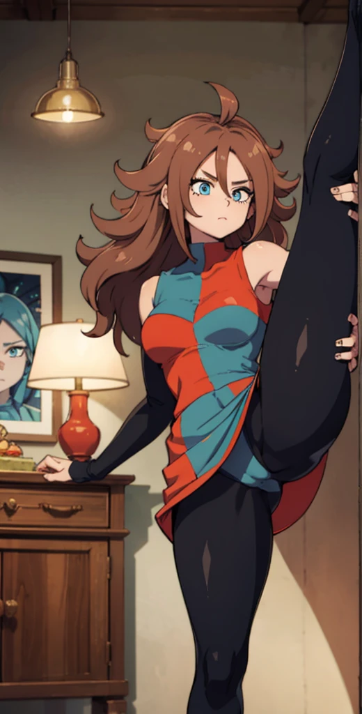 android 21, pose lateral, She is sideways to the spectator, sideways to camera, long brown hair, blue colored eyes, plaid dress, pantyhose, looking to the side, pose lateral, standing, ele está standing, serious, legs spread open, livingroom, light bulb, high qualiy, work of art, legs thick, big-ass, body healed,