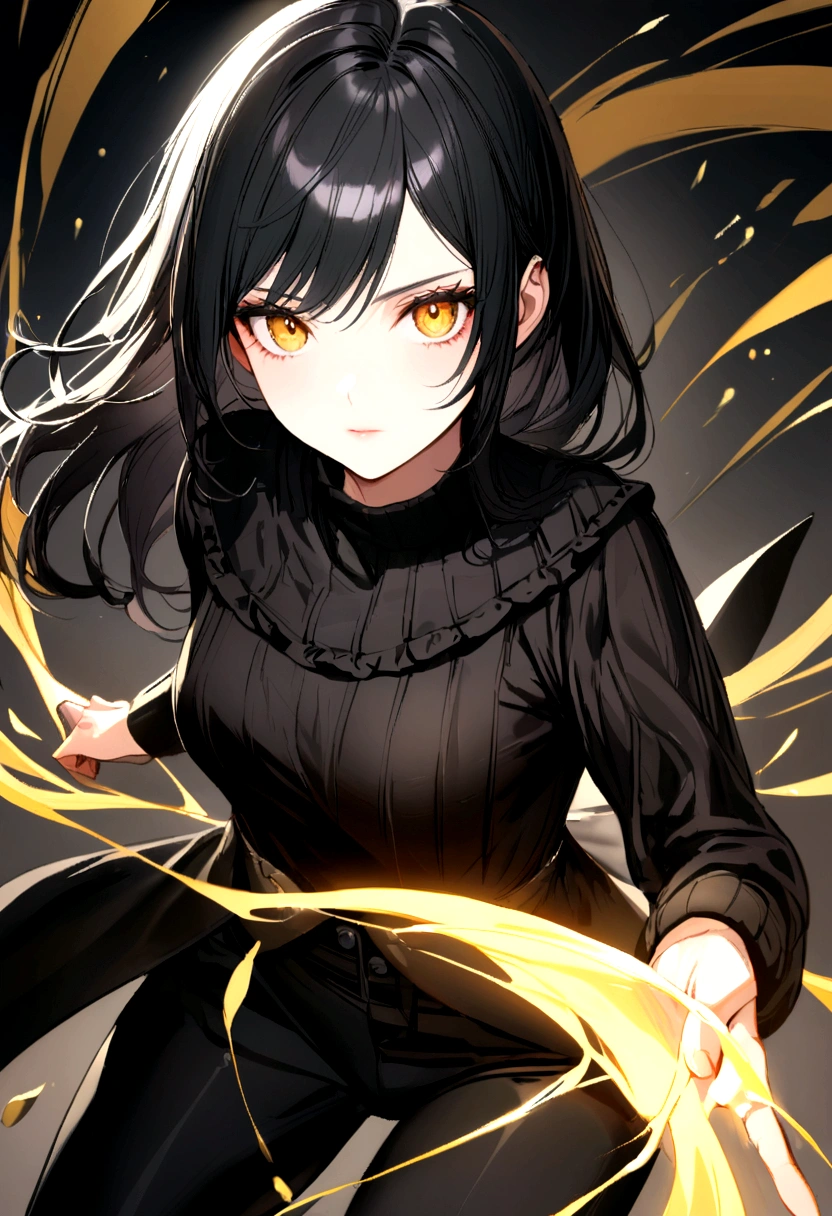 a nice young girl with golden eyes and black hair who wears a black sweater with gray ruffles and black pants who has the power of an assassin