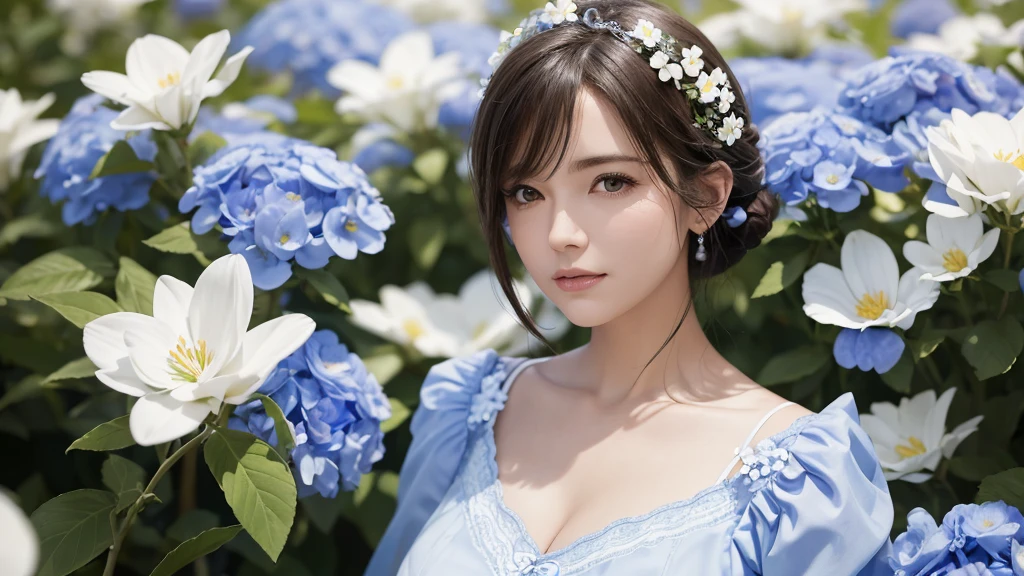(Absurd,Ultra-high resolution,Super detailed),(Blue and white),Mature Woman,Bust photo,Surrounded by flowers,Blurred flower background,(Blurred:1.3,Soft Lighting:1.4,Cinematic light:1.4)