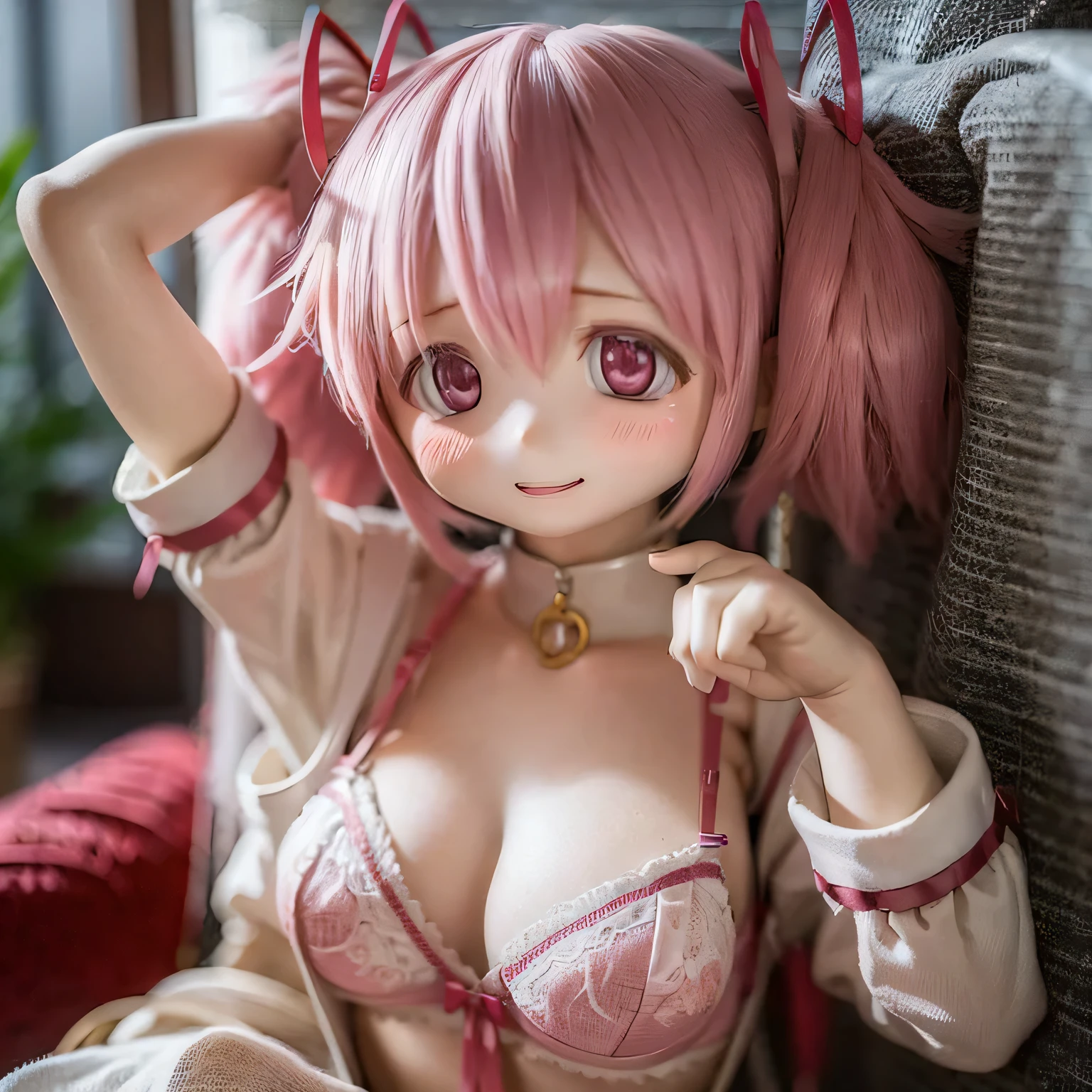 (Highest quality, masterpiece:1.2), Expressive eyes, Perfect Face, (((((Madoka's hairstyle))))), Mouth closed, A subtle smile, chest, intense, Pink Hair, Magical girl, A look of determination, Pink heir, smile, (((((sexy lingerie))))),, nipples, Fuller lips smile((((((Sexy pose))))))