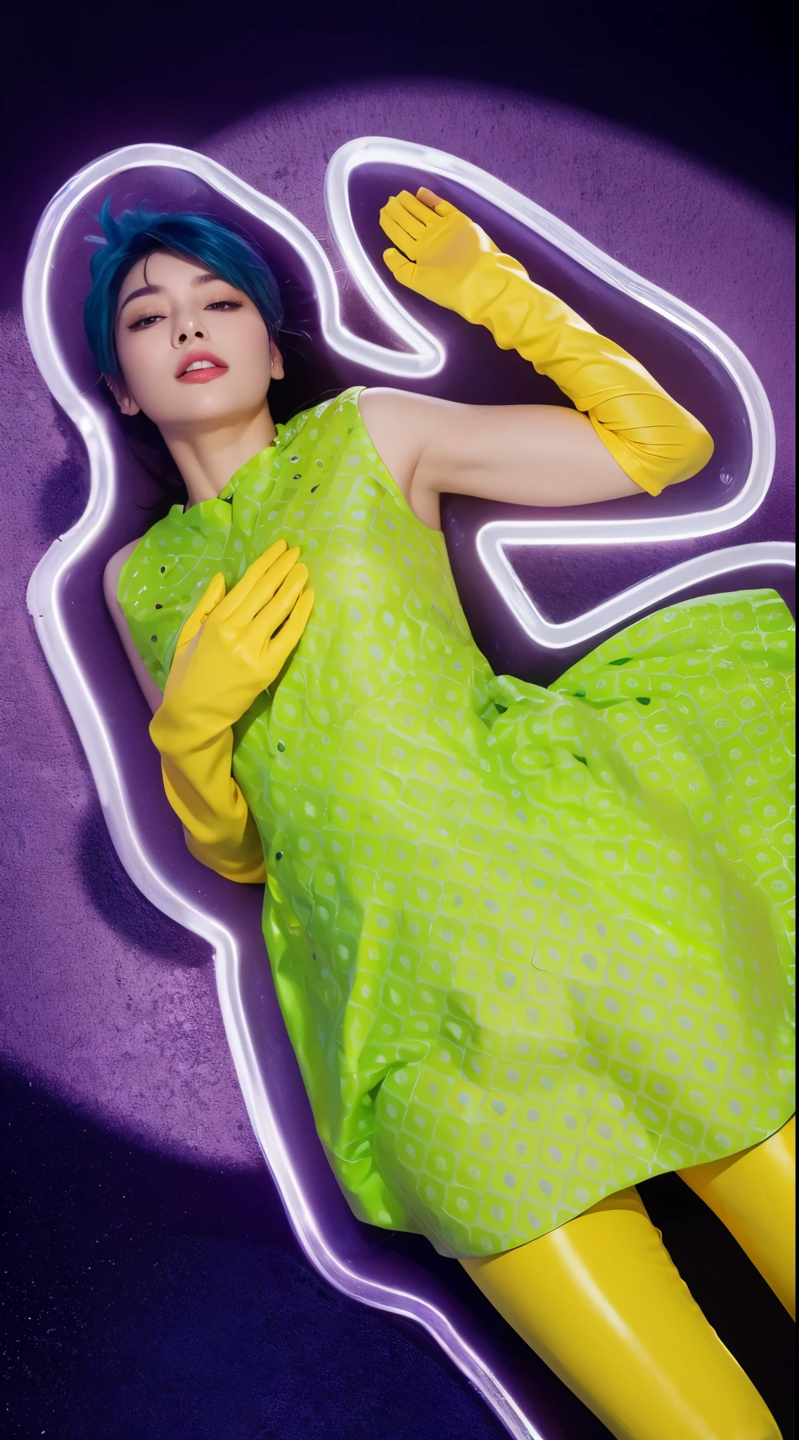 floor asphalt This image captures a visually striking scene floor asphalt featuring a woman lying on an asphalt surface, floor asphalt illuminated dramatically by a spotlight. The woman's appearance is particularly captivating; her glossy, satin-like skin has a refined and graceful quality. Her striking blue hair is styled in a modern, edgy cut, providing a vivid contrast against the dark asphalt. She is dressed in a bright green dress adorned with a playful geometric pattern, floor asphalt and her bold yellow gloves extend up to her elbows, adding a pop of color to the composition. The spotlight floor asphalt casts a strong light on her, highlighting the sheen of her skin and the vivid colors of her attire, floor asphalt creating deep shadows and a dramatic ambiance. The purple background contrasts sharply with her green dress and the surrounding white outline, which frames her elegantly in this urban, nocturnal setting. The overall effect is both surreal and artistic, floor asphalt focusing on her serene beauty amidst a stark floor asphalt environment.. glossy texture, smooth 3d model, multiple light sources, rim light, sharp post effects render, (glossy plastic texture with multiple big light probe refractions), perfect cgi, smooth silhouette, high intensity refraction, (super glossy plastic material), most beautiful vfx, , realistic, 4k, high resolution, rim light, smooth 3d model, multiple light sources, rim light, sharp post effects render,, realistic, 4k, high resolution, rim light detailed digital art, reflective, best quality, 4k, masterpiece:1.2, ultra-detailed, realistic, vivid colors, The image of the highest quality, ensuring every detail showcased perfectly. It in 4k resolution, allowing viewers to immerse themselves in the richness of the colors and intricate details. The realistic rendering. under the spotlight, reflecting, high-resolution image, realistic rendering