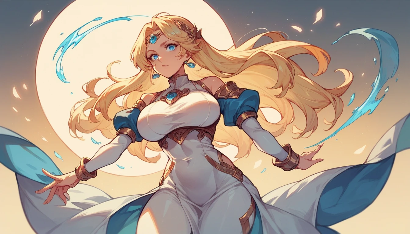 generate anime style drawing of a blonde woman who is a goddess, long hair, blue-eyed woman in a very short white dress, tight to her body, with big breasts, looking at the reader doing a sexy pose while standing