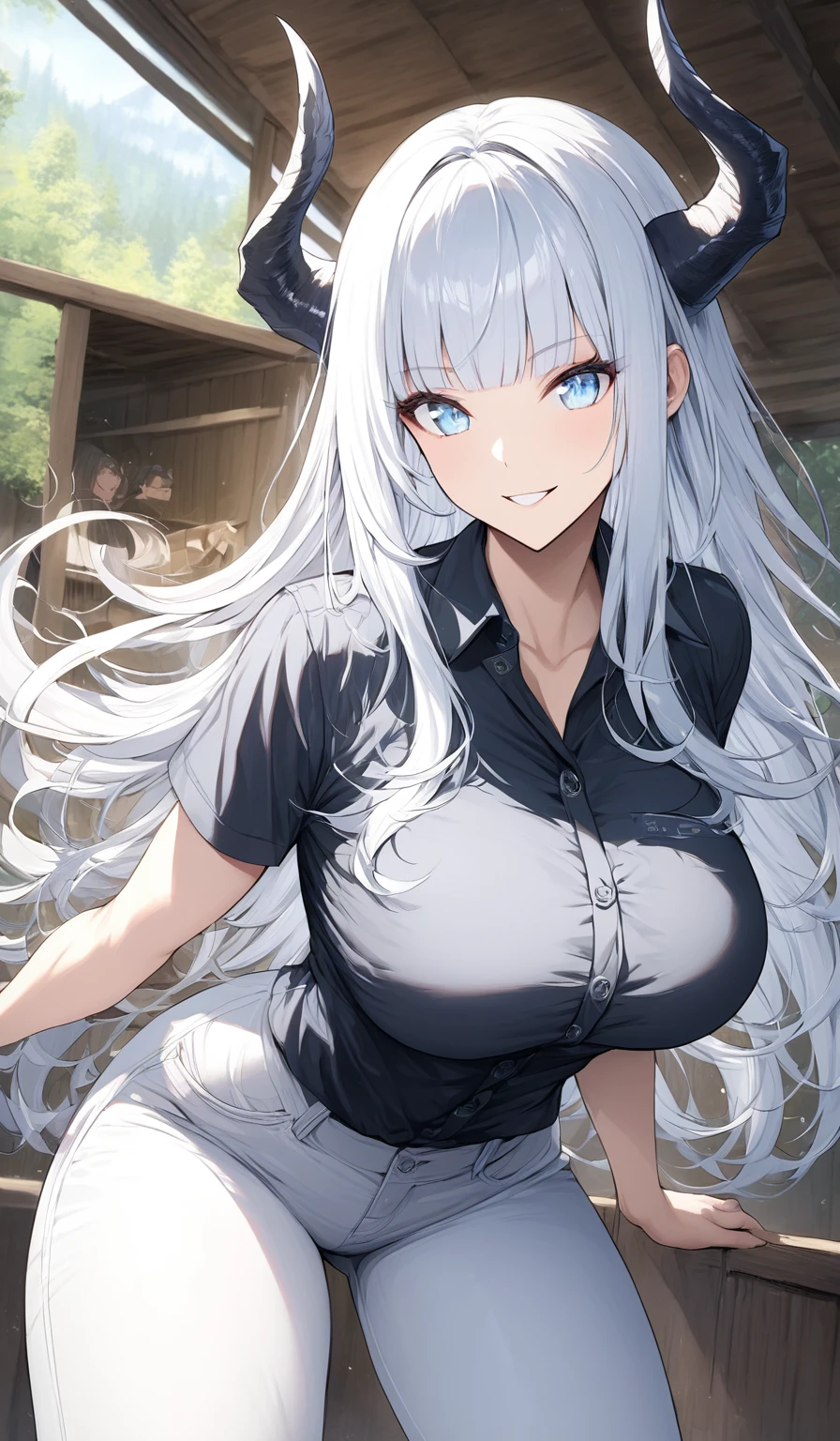 Masterpiece, very detailed, ultra detailed, one, (1 woman), she is in a black office shirt and white jeans, in a stable and fighting position, long hair, straight hair and straight bangs, bright white hair, bright white demonic horns, athletic body, six packs of press, large breasts, beautiful, charming, light blue eyes, elegant, wise smile, charming, charming, against the background of nature and forest.