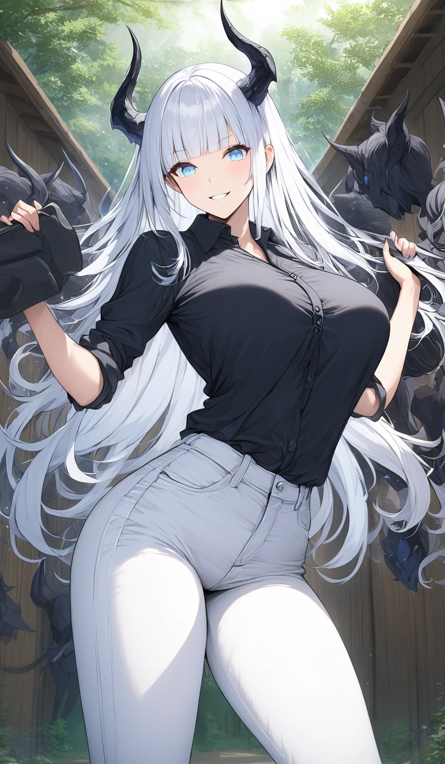 Masterpiece, very detailed, ultra detailed, one, (1 woman), she is in a black office shirt and white jeans, in a stable and fighting position, long hair, straight hair and straight bangs, bright white hair, bright white demonic horns, athletic body, six packs of press, large breasts, beautiful, charming, light blue eyes, elegant, wise smile, charming, charming, against the background of nature and forest.