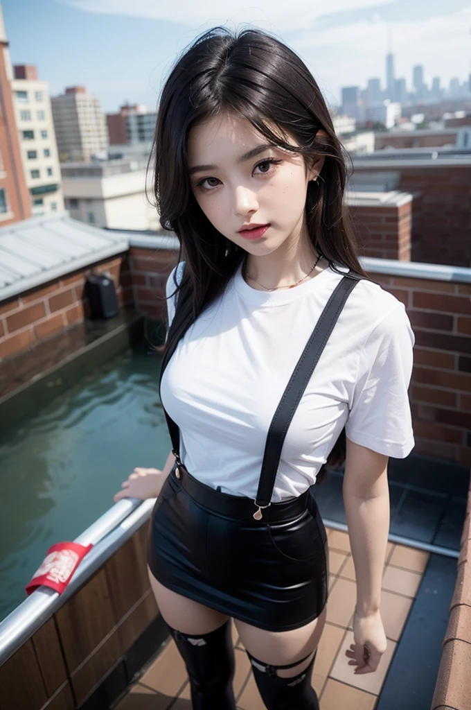 ((Midnight, highest quality, 8k, masterpiece :1.3)), whole body, Long legs, Sharp focus :1.2, Beautiful woman with perfect figure :1.4, Slim Abs :1.1, ((Dark brown hair, small Breasts :1.2)), (White tight T-shirt, Jean Bib, Are standing:1.2), ((Night city view, rooftop:1.3)), Highly detailed face and skin texture, Fine grain, Double eyelids one girl,highest quality,masterpiece,figure,Very delicate and beautiful,CG,Unity,8k wallpaper,wonderful,In detail,masterpiece,Official Art,Very detailed CG Unity 8k wallpaper,Incredibly absurd,Large file size,Very detailedな,High resolution,Very detailed,Beautiful detailed girl,Realistic,from the front,Outdoor,　suspenders　　　Large swollen breasts　　 　 　　　　Black mini skirt　garter belt　Knee-high socks　　　　　　　bangs 　　　　　Beauty　　Hands up　　 　　Black boots 　　　　one person 　　　Dress shirt　　　Hands Behind Back　put your hands behind your back　　With your hands behind your back　Armament　holster　　A room at the Belt Hotel　Bed　Wall side　