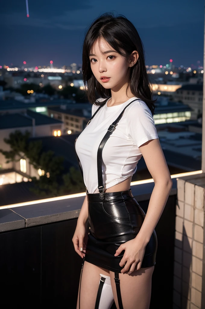 ((Midnight, highest quality, 8k, masterpiece :1.3)), whole body, Long legs, Sharp focus :1.2, Beautiful woman with perfect figure :1.4, Slim Abs :1.1, ((Dark brown hair, small Breasts :1.2)), (White tight T-shirt, Jean Bib, Are standing:1.2), ((Night city view, rooftop:1.3)), Highly detailed face and skin texture, Fine grain, Double eyelids one girl,highest quality,masterpiece,figure,Very delicate and beautiful,CG,Unity,8k wallpaper,wonderful,In detail,masterpiece,Official Art,Very detailed CG Unity 8k wallpaper,Incredibly absurd,Large file size,Very detailedな,High resolution,Very detailed,Beautiful detailed girl,Realistic,from the front,Outdoor, suspenders Large swollen breasts Black mini skirt garter belt Knee-high socks bangs Beauty Hands up Black boots one person Dress shirt Hands Behind Back put your hands behind your back With your hands behind your back Armament holster A room at the Belt Hotel Bed Wall side