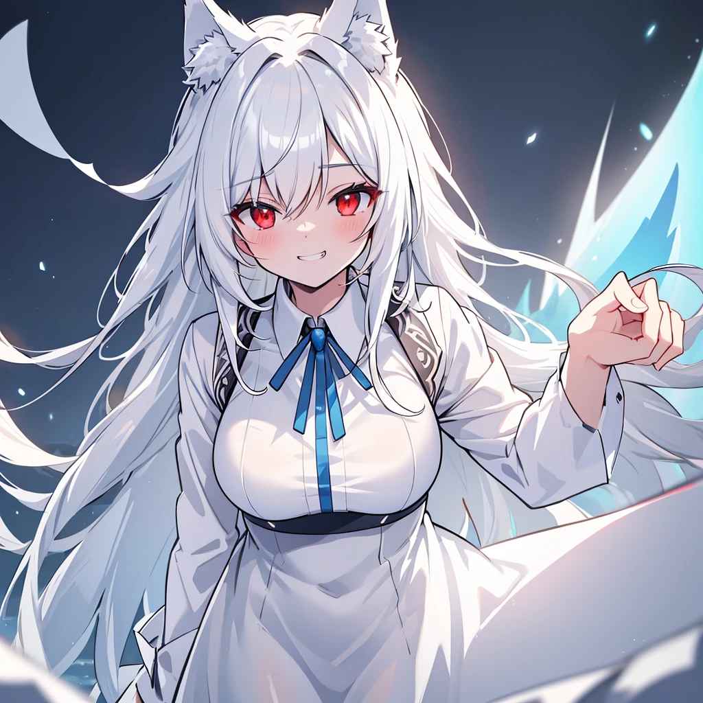 ultra detailed, sharp focus, best quality, masterpiece, colorful, 1girl, shadow, red eyes, grin, wolf face, :3, close-up, volumetric lighting, high contrast, dimly lit, Pale skin, White hair, Blue, blue light in head, wolf tails, , Solo,{{Best quality}}, {{Masterpiece}}, {{Ultra-detailed}}, {illustration}, {Detailed light}, Red eyes，A revealing thin dress.
 