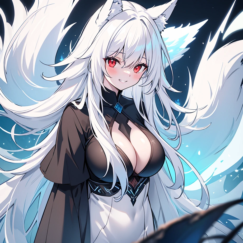 ultra detailed, sharp focus, best quality, masterpiece, colorful, 1girl, shadow, red eyes, grin, wolf face, :3, close-up, volumetric lighting, high contrast, dimly lit, Pale skin, White hair, Blue, blue light in head, wolf tails, , Solo,{{Best quality}}, {{Masterpiece}}, {{Ultra-detailed}}, {illustration}, {Detailed light}, Red eyes，A revealing thin dress.
 