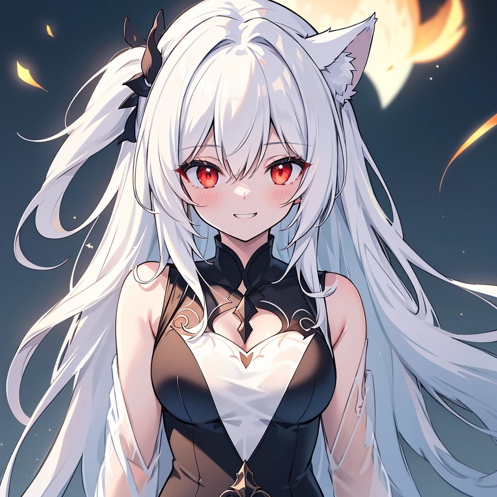 ultra detailed, sharp focus, best quality, masterpiece, colorful, 1girl, shadow, red eyes, grin, wolf face, :3, close-up, volumetric lighting, high contrast, dimly lit, Pale skin, White hair, Blue, blue light in head, wolf tails, , Solo,{{Best quality}}, {{Masterpiece}}, {{Ultra-detailed}}, {illustration}, {Detailed light}, Red eyes，A revealing thin dress.
 