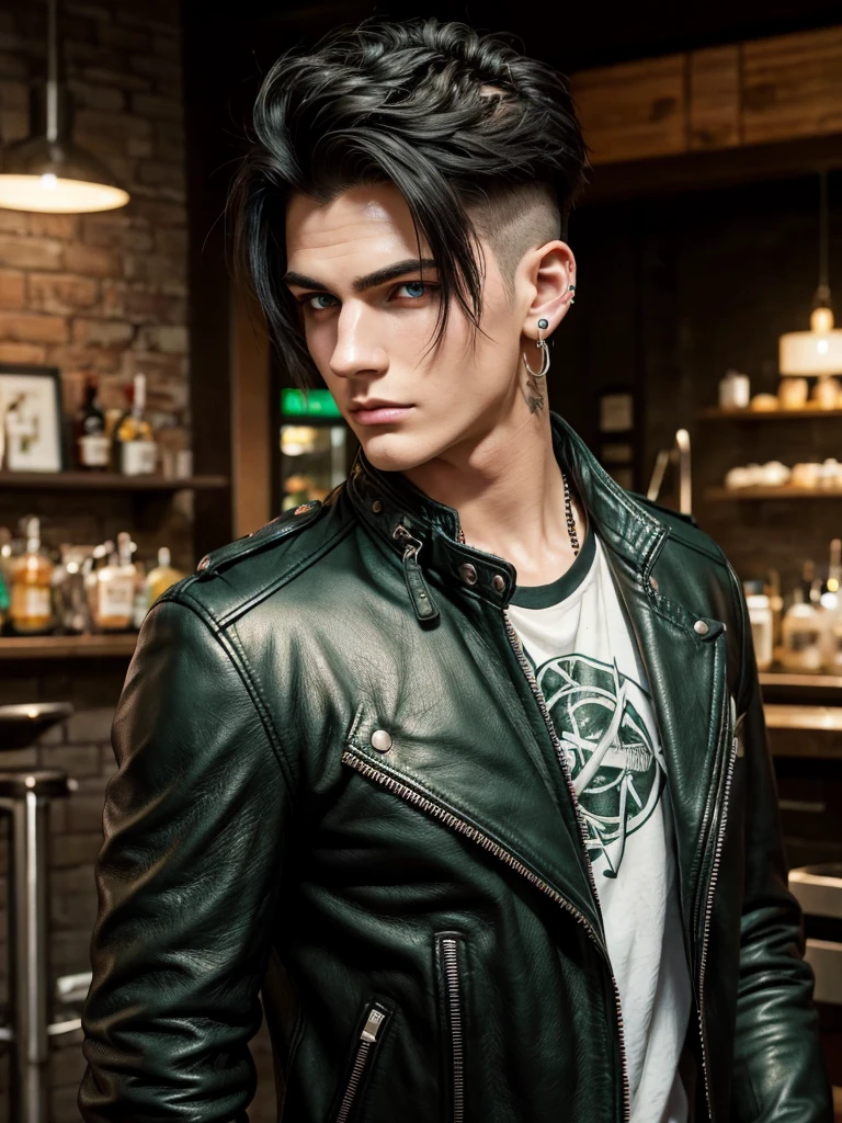 (best quality), 1boy, Male, 22 years old, young man, white skin, black hair, short hair, side swept hair, green eyes, perfect eyes, piercings, handsome, leather jacket, punk, strong jawline, masterpiece, anatomically correct, highres