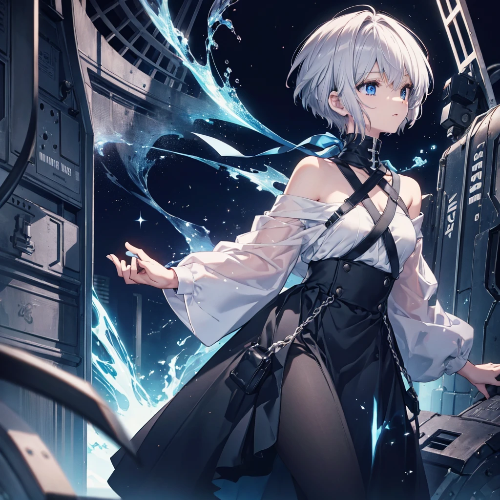 (((1 person)))　((High resolution　Gray Hair　short hair　 shoulder))　((Black Band　Lonely　despair　blue eyes))　　moon　star　nude nipples naked exposed female genitals pussy