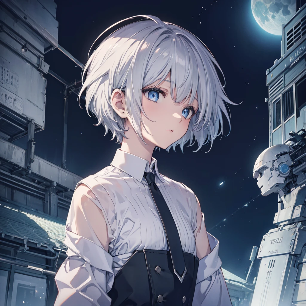 (((1 person))) ((High resolution Gray Hair short hair shoulder)) ((Black Band Lonely despair blue eyes)) moon star Nude