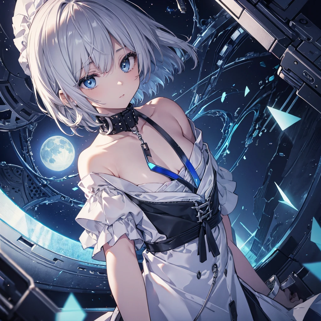 (((1 person))) ((High resolution Gray Hair short hair shoulder)) ((Black Band Lonely despair blue eyes)) moon star Nude