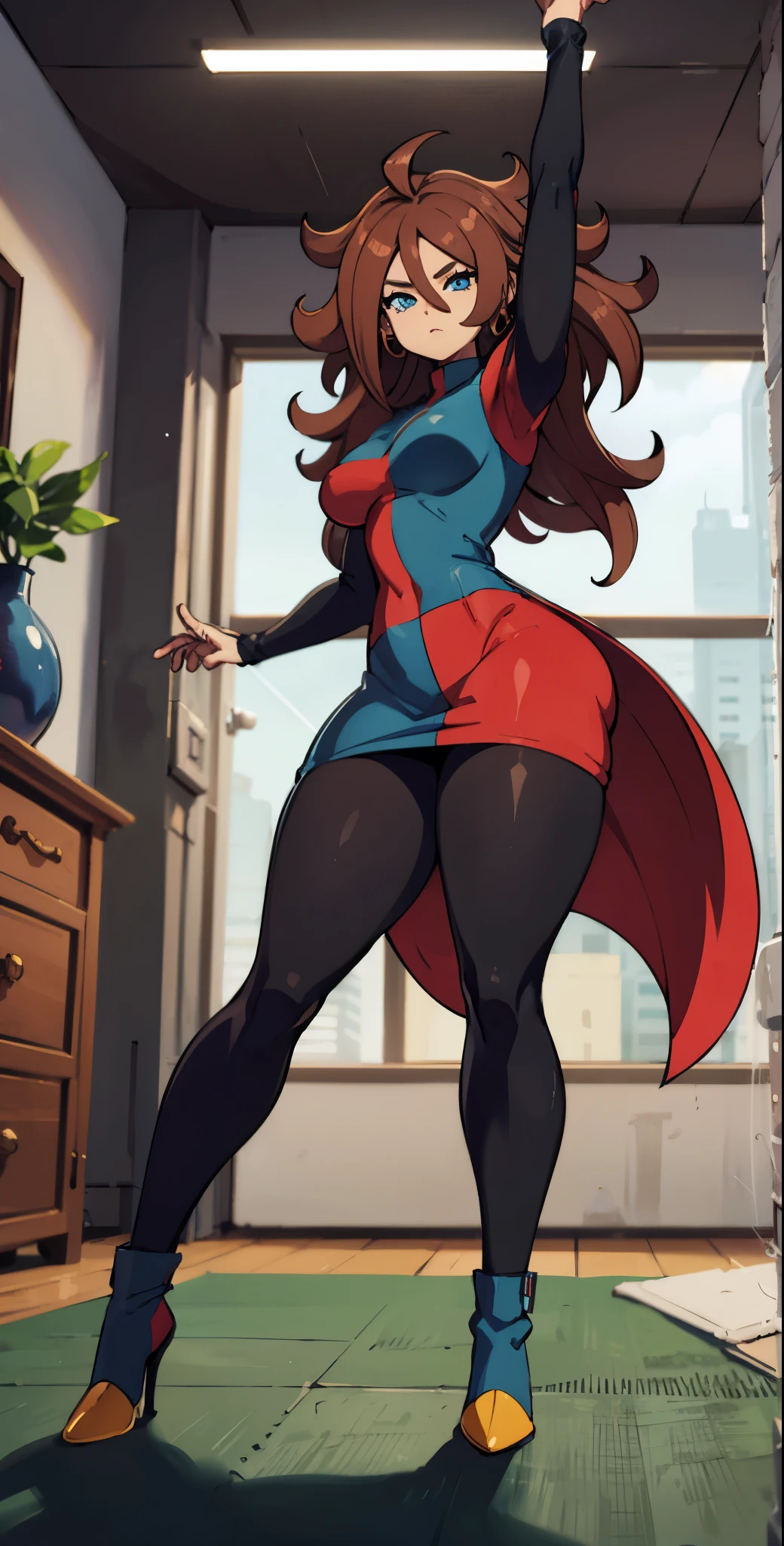 android 21, pose lateral, She is sideways to the spectator, sideways to camera, long brown hair, blue colored eyes, plaid dress, pantyhose, looking to the side, pose lateral, standing, ele está standing, serious, legs spread open, livingroom, light bulb, high qualiy, work of art, legs thick, big-ass, body healed,