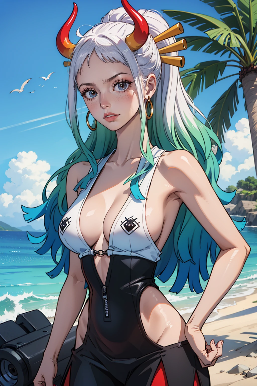 Ultra-realisticで超精巧なセクシーなヤマト, Browsing Caution, Very detailed, Sexy look, Captivating look, [:(Facial details: 1.4): 0.4], 16K resolution, 4K resolution, Dynamic Lighting, High resolution, (Ultra-realistic: 1.4), (Backlight: 1.2), (Light of the sun: 1), (Full Height: 1.8),(Contrasting Background: 1.5), (Ultra-realisticな腕の解剖学), (脚のUltra-realisticな解剖学), (Beautiful Skin), (lighting movie: 1.7), (Respondent), (NVIDIA RTX Ray Tracing Technology), (Ultra-realisticな腕の解剖学: 2), (Perfect flat stomach), (Color images),4K resolutionを作成する, Ultra-realistic, and、無人島で魅惑的な体格と魅力的な服装を持つ魅力的な難破船のボアハンコックをフィーチャーしたVery detailedなアートワーク. Yamato is the central character of the work., Known for its captivating beauty and resilience. She is standing on the beach of the island, green々With lush tropical plants as a background、Ship wreckage scattered along the coastline.

Shipwrecked Boa Hancock has a captivating beauty. High athletic ability、And has an elegant physique, Accentuate her natural charm. The one wearing tattered clothes、, Despite wear and tear, It remains attractive and accentuates her silhouette.

Dressed provocatively, While casually exposing skin、Wear clothes that accentuate her charms. The remains of tattered clothing、It adds a wild elegance to her look.. Her expression is、It conveys a hint of determination and temptation., Despite the challenges she faces.

Tropical islands are mystical paradises. Towering palm trees provide shade, While exotic plants add vibrancy to the landscape.
