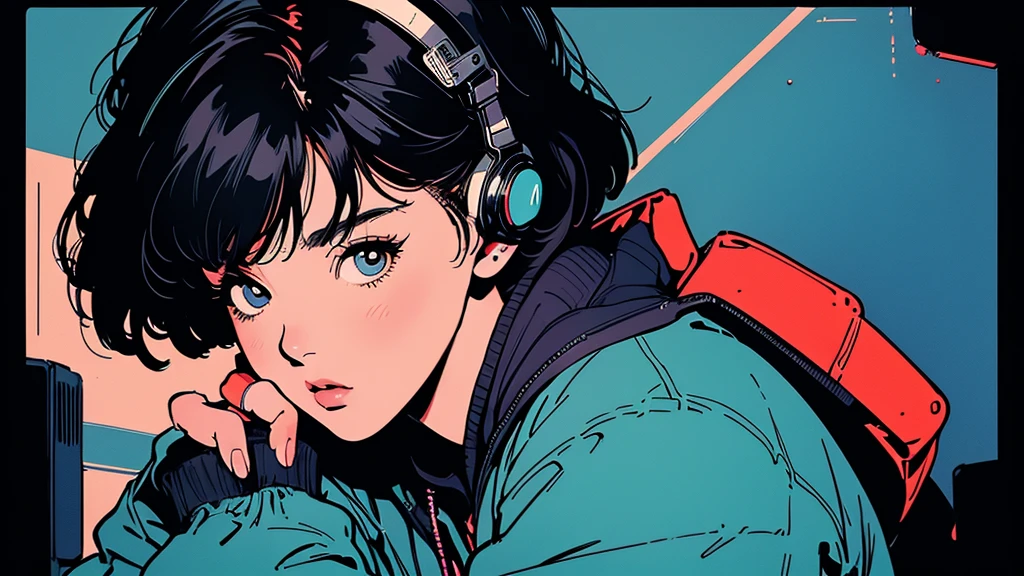 2D illustration,  lofi, anime, Manga style, whole body,Asian, 1 Girl, Big Hair, Short Bob Cut, High resolution, masterpiece, Highest quality, High detail, High detailed eyes, Detailed lips, High resolution, Super detailed, Realisticな比率, Anatomically correct, Beautiful young woman, whole bodyポートレート, Illustrator, anime , Realistic  , 1 Girl, ,lip, hoodie, the 90s,Textured Trim, (masterpiece,Highest quality),　Battle DJ girl in HIPHOP fashion wearing DJ headphones,Battle DJ girl in HIPHOP fashion wearing DJ headphones,Front view , Turntablist, DJ Scratch, Two large LED-illuminated speakers on each side, Immerse yourself in a neon-lit environment, In front of her is a music mixer and a turntable.、A record is placed on the turntable,ターンテーブルはTechnics SL-1200MK7, Tokyo Background,