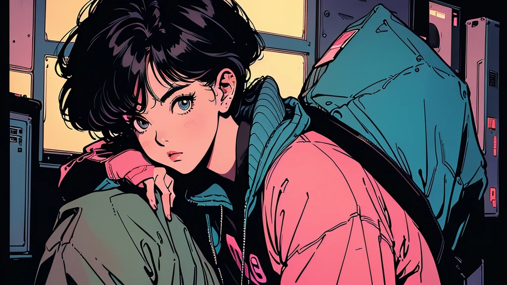 2D illustration, lofi, anime, Manga style, whole body,Asian, 1 Girl, Big Hair, Short Bob Cut, High resolution, masterpiece, Highest quality, High detail, High detailed eyes, Detailed lips, High resolution, Super detailed, Realisticな比率, Anatomically correct, Beautiful young woman, whole bodyポートレート, Illustrator, anime , Realistic , 1 Girl, ,lip, hoodie, the 90s,Textured Trim, (masterpiece,Highest quality), Battle DJ girl in HIPHOP fashion wearing DJ headphones,Battle DJ girl in HIPHOP fashion wearing DJ headphones,Front view , Turntablist, DJ Scratch, Two large LED-illuminated speakers on each side, Immerse yourself in a neon-lit environment, In front of her is a music mixer and a turntable.、A record is placed on the turntable,ターンテーブルはTechnics SL-1200MK7, Tokyo Background,