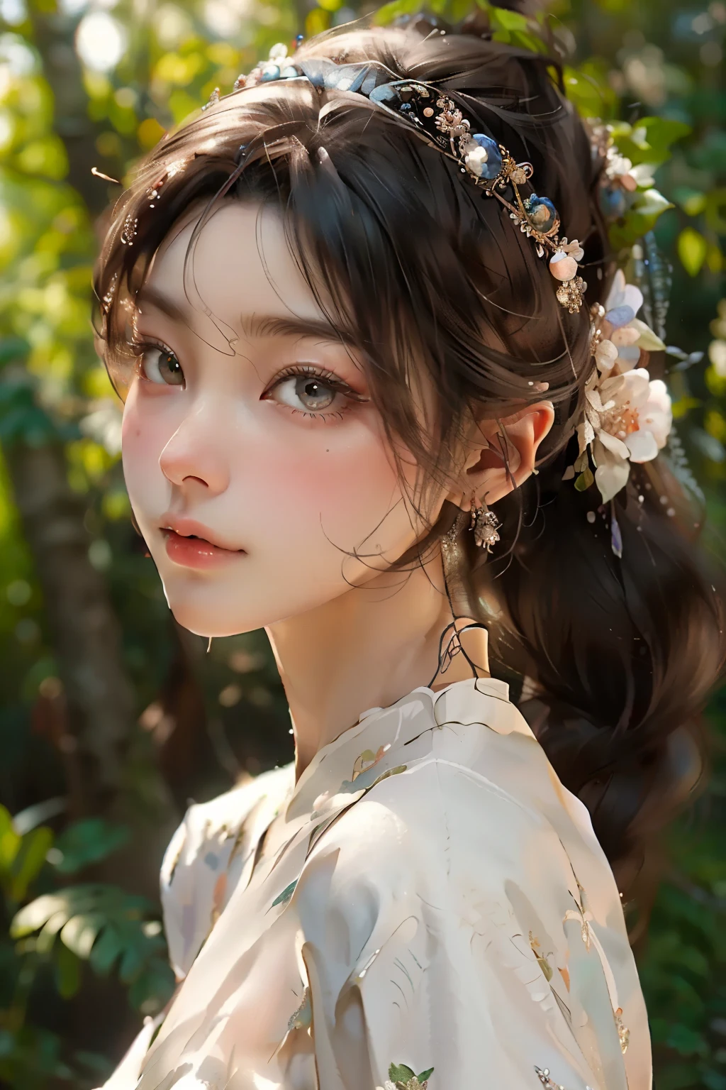 (Really detailed and beautiful work)、(masterpiece)、Highly detailed wedding dress art neck、Bridal tiara、bridal veil、ponytail、charming expression、Beautiful and vivid eyelid background、big、super fine painting、delicate face、delicate figure、thin collarbone、beautiful lips、、(8K、live shooting、best quality、masterpiece:1.2), (realistic, photorealistic:1.37)、cute type、professional lighting, photon mapping, radio city,  ((Low angle full body shot))、[[[deep valley]]]、(The background is a forest:1.2)