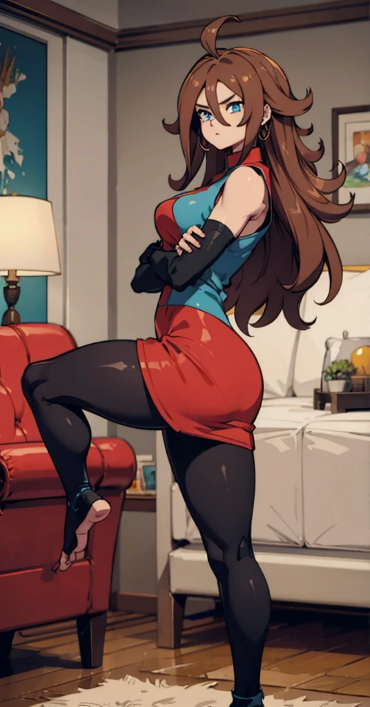 android 21, pose lateral, She is sideways to the spectator, sideways to camera, long brown hair, blue colored eyes, plaid dress, pantyhose, looking to the side, pose lateral, standing, ele está standing, serious, legs spread open, livingroom, light bulb, high qualiy, work of art, legs thick, big-ass, body healed,