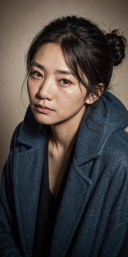 (Steve McCurry style), An old Japanese woman, wrinkled, sad and homeless ((wearing a blue wool coat)), (melancholy), 1woman, solo, straight black hair and hairstyle, very detailed face, beautiful eyes, [chubby], adorable, with bright eyes, sad eyes, bitter, (Rembrandt Lighting), zeiss lens, ultra realistic, (highly detailed skin: 1.2), 8k uhd, dslr, Dramatic Kidney light,  high quality, Fujifilm XT3,