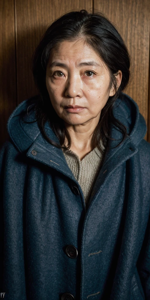 (Steve McCurry style), An old Japanese woman, wrinkled, sad and homeless ((wearing a blue wool coat)), (melancholy), 1woman, solo, straight black hair and hairstyle, very detailed face, beautiful eyes, [chubby], adorable, with bright eyes, sad eyes, bitter, (Rembrandt Lighting), zeiss lens, ultra realistic, (highly detailed skin: 1.2), 8k uhd, dslr, Dramatic Kidney light,  high quality, Fujifilm XT3,