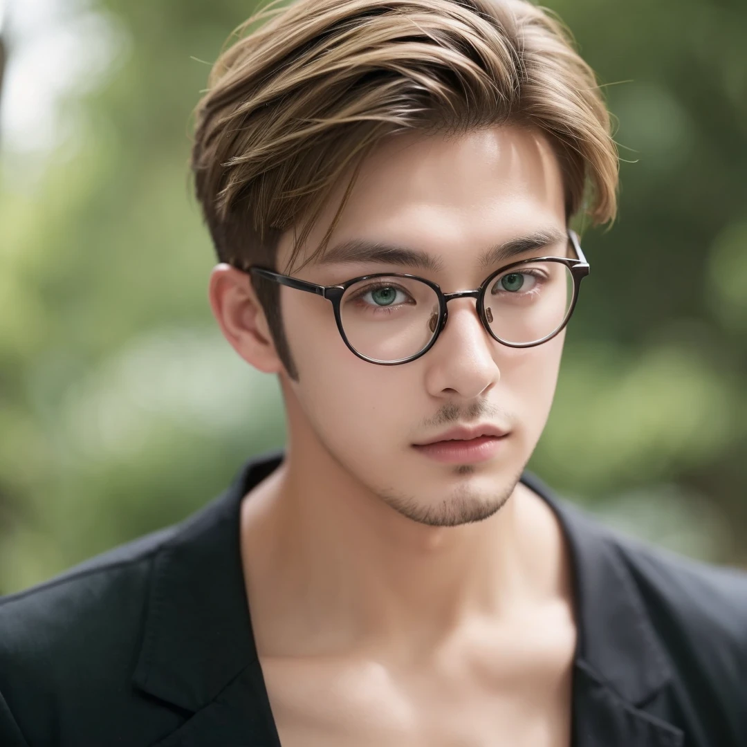 Handsome British mix Japanese guy, dark blonde hair, short hair, undercut hair, green eyes, 20 years old, eyeglasses