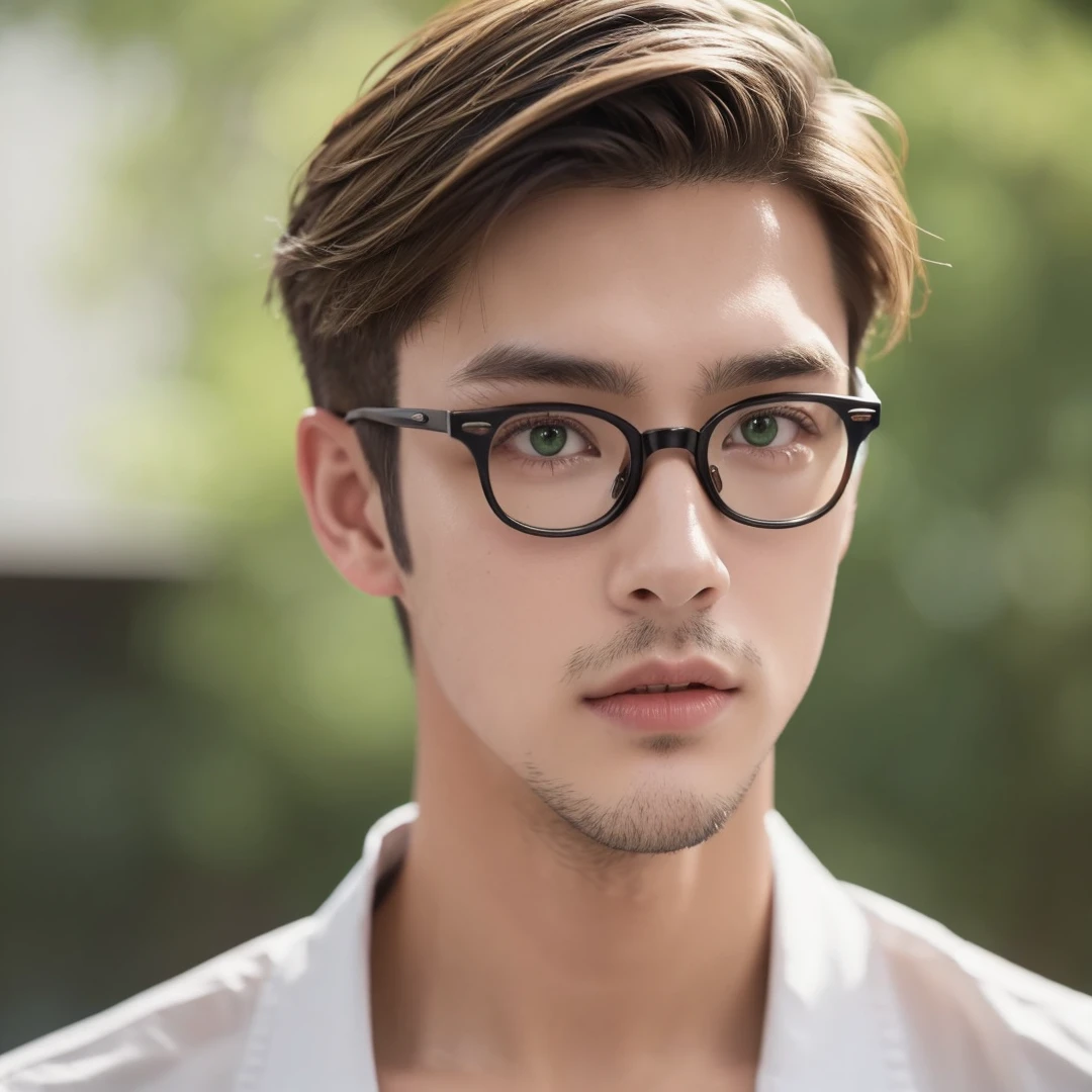 Handsome British mix Japanese guy, dark blonde hair, short hair, undercut hair, green eyes, 20 years old, eyeglasses