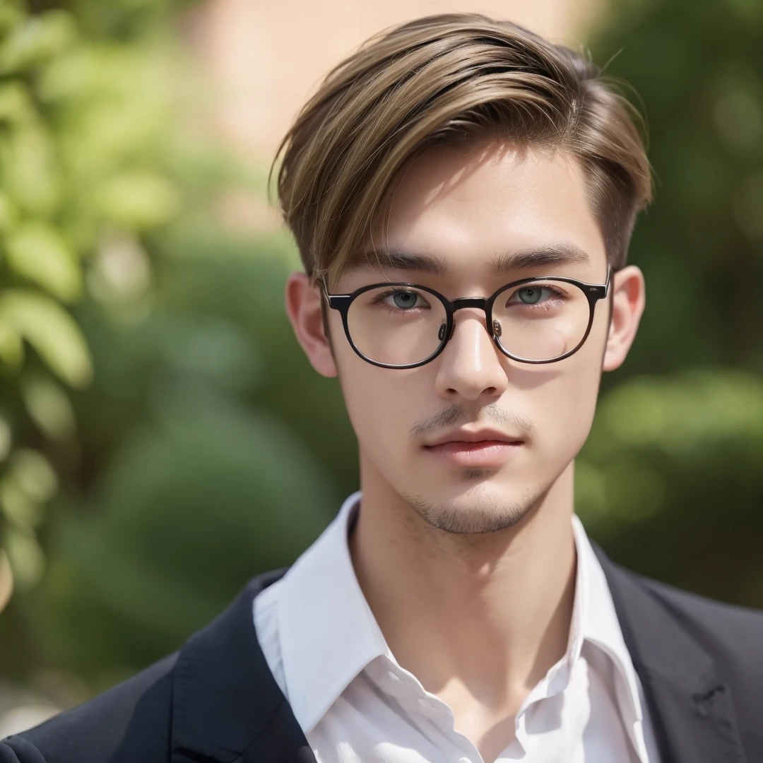 Handsome British mix Japanese guy, dark blonde hair, short hair, undercut hair, green eyes, 20 years old, eyeglasses
