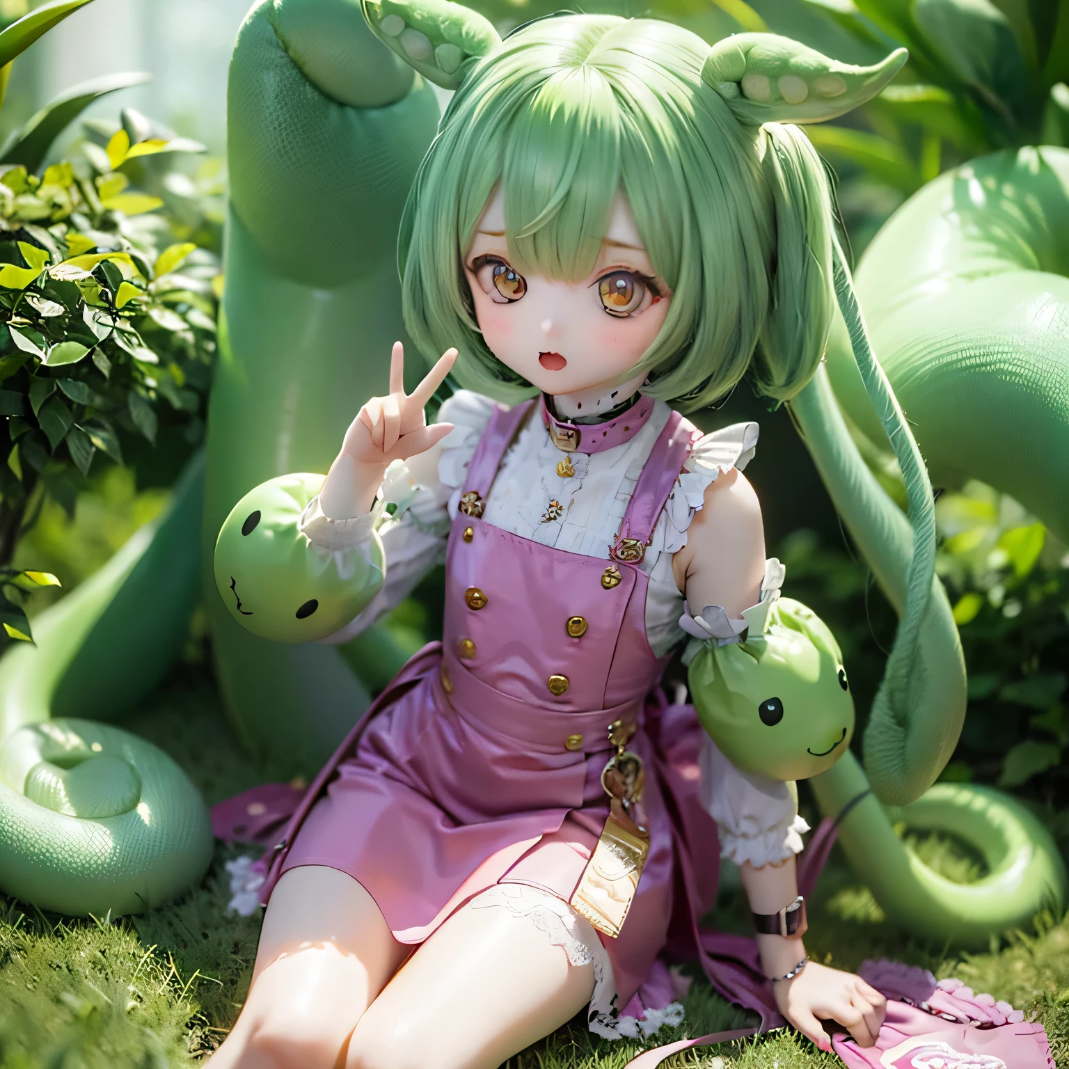 A cheeky little Zundamon with green hair(((((In the form of a child)))))