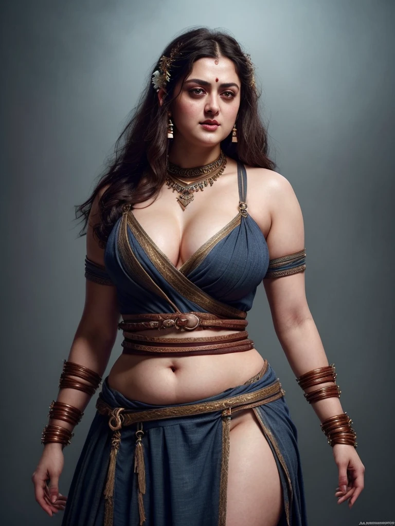 Looks like Sandeepa Dhar, curvy, female barbarian fantasy!!! dressed in vyshyvanka!!!! character concept art, sharp focus, octane render! unreal engine 5! highly rendered!! trending on artstation!! detailed linework!! illustration by artgerm, wlop, and chie yoshii, showing stubble armpits,
