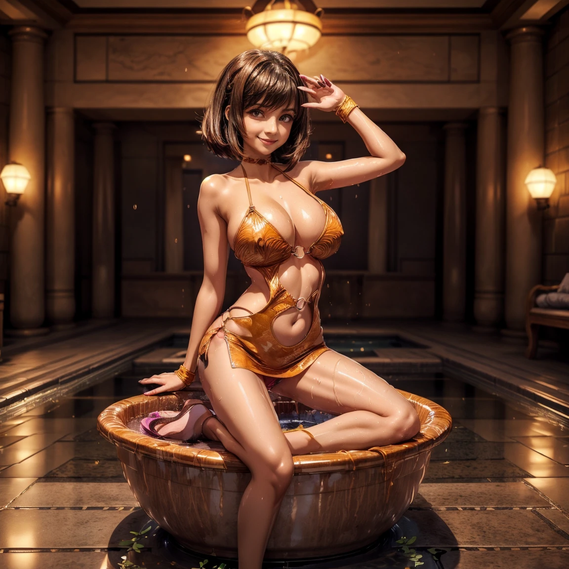 ((2 girls)), short dark hair, ceremonial hair brush, detailed face, priyanka chopa, sitting in a bathtub, (open legs, legs spread), in a middle east temple, ((body soaking wet)), microdress, bodycon, o-rings, miniskirt, waist cutout, bangs, collarbone, earclip, bare shoulders, elbow gloves, asymmetrical bangs, high heels, barepussy, lace glove, lace choker, wide hips and thighs, (skinny body, anorexic, huge round breast), waving hello, smile, happy face, (honey tanned skin, tanline).