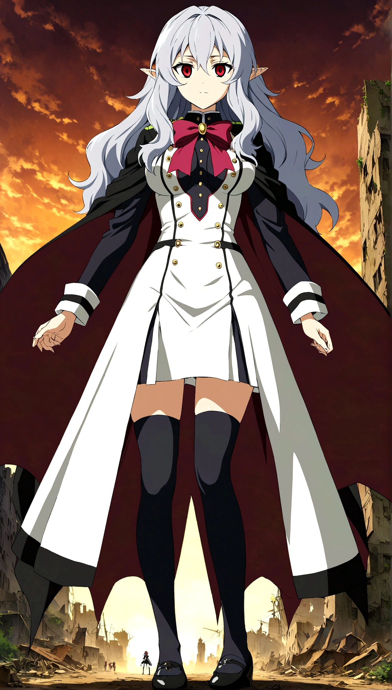 Anime. Owari no Seraph. 1 Girl. Dear . A vampire. Progenitor Clumsy. Silver hair. Wavy hair. Long hair. Red eyes. Beautiful eyes. Perfect eyes. Expressive eyes. Ideal face. Perfect body. Beautiful long ones. legs. Beautiful nose. 18 years. Big breasts. Standing. Full length Beautiful character design. Shiny skin. Pointy ears. White dress. Vampire uniform dress from
Owari no Seraph. Black stockings. Heeled shoes. Ruins of Tokyo. Full body. NSWF. Official art. Extremely detailed CG Unity 8k wallpaper. Ideal lighting. Ultra high resolution 4K. Super detailed 8K. A high resolution.
