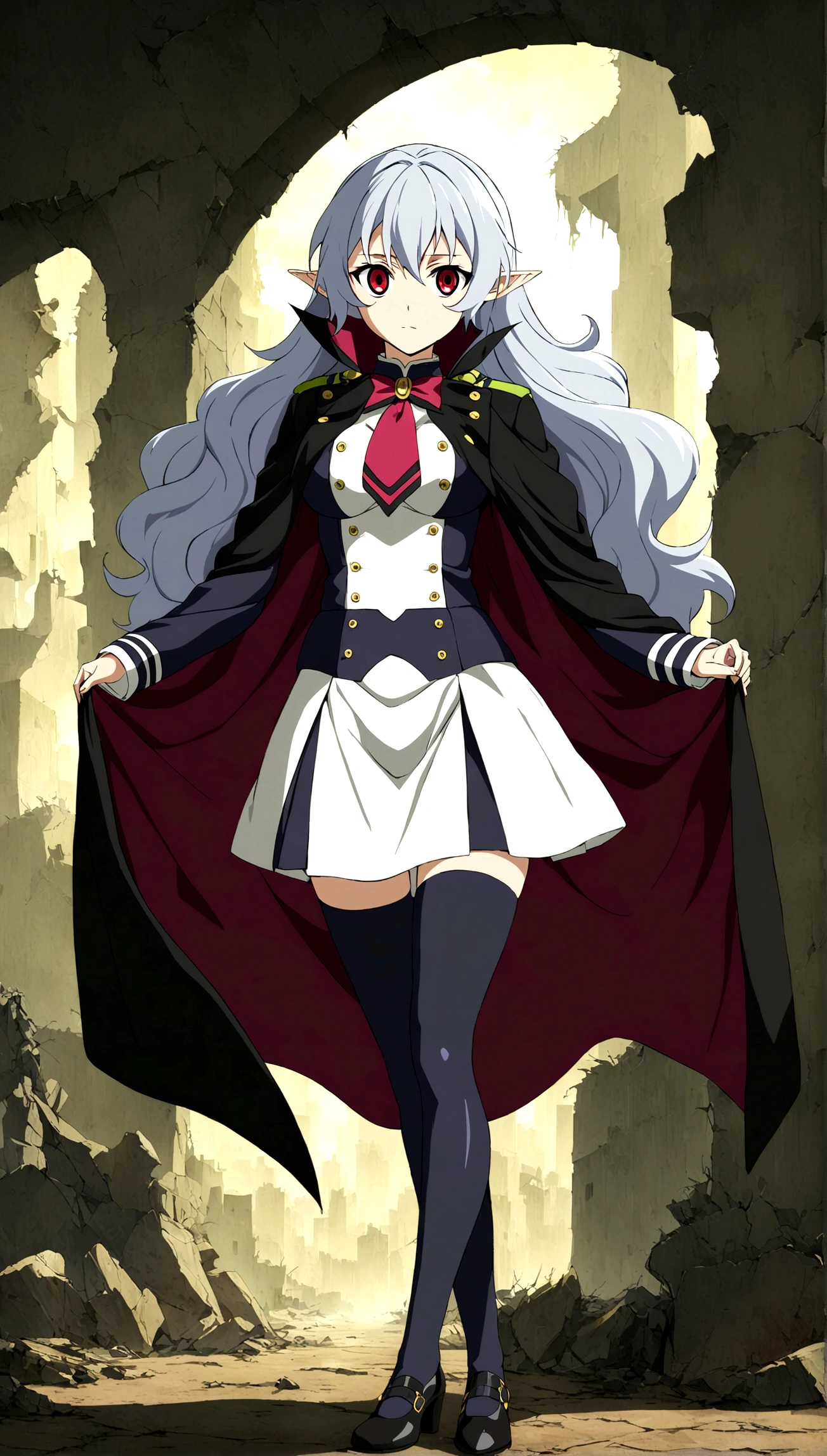 Anime. Owari no Seraph. 1 Girl. Dear . A vampire. Progenitor Clumsy. Silver hair. Wavy hair. Long hair. Red eyes. Beautiful eyes. Perfect eyes. Expressive eyes. Ideal face. Perfect body. Beautiful long ones. legs. Beautiful nose. 18 years. Big breasts. Standing. Full length Beautiful character design. Shiny skin. Pointy ears. White dress. Vampire uniform dress from
Owari no Seraph. Black stockings. Heeled shoes. Ruins of Tokyo. Full body. NSWF. Official art. Extremely detailed CG Unity 8k wallpaper. Ideal lighting. Ultra high resolution 4K. Super detailed 8K. A high resolution.
