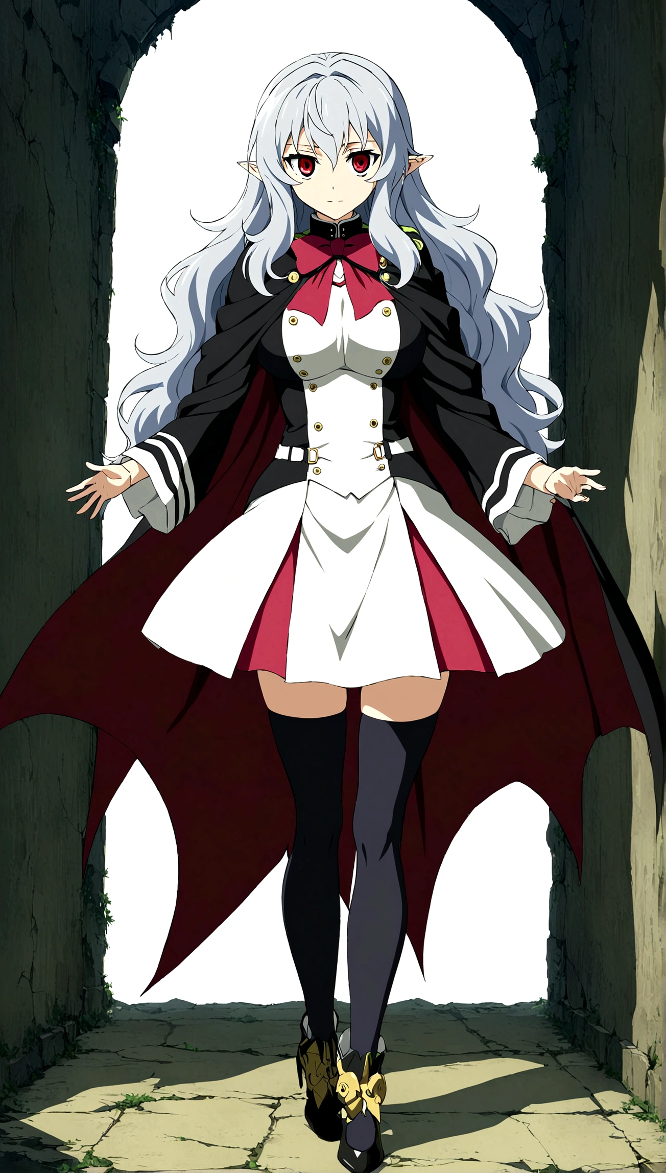 Anime. Owari no Seraph. 1 Girl. Dear . A vampire. Progenitor Clumsy. Silver hair. Wavy hair. Long hair. Red eyes. Beautiful eyes. Perfect eyes. Expressive eyes. Ideal face. Perfect body. Beautiful long ones. legs. Beautiful nose. 18 years. Big breasts. Standing. Full length Beautiful character design. Shiny skin. Pointy ears. White dress. Vampire uniform dress from
Owari no Seraph. Black stockings. Heeled shoes. Ruins of Tokyo. Full body. NSWF. Official art. Extremely detailed CG Unity 8k wallpaper. Ideal lighting. Ultra high resolution 4K. Super detailed 8K. A high resolution.